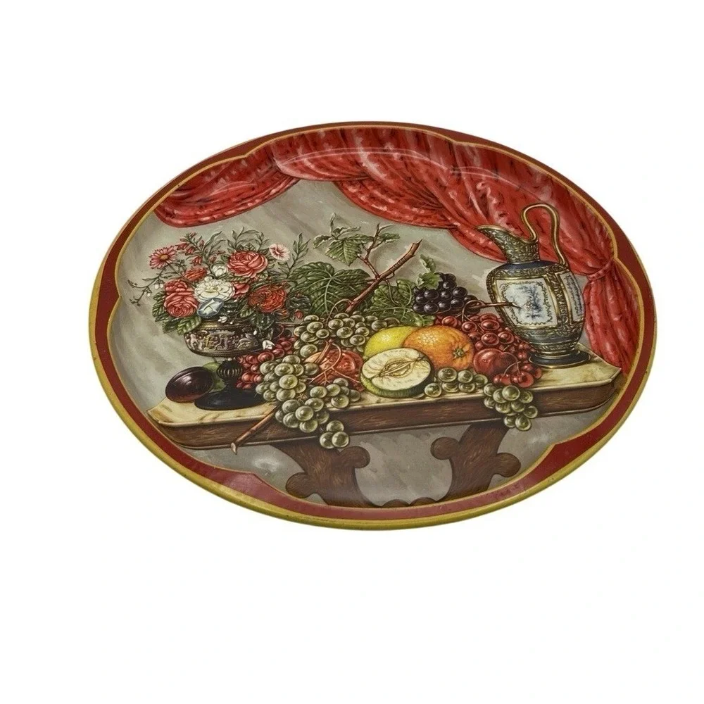 Daher Decorated Ware Serving Tray Round Large Red Gold Still Life‎ Fruit Floral